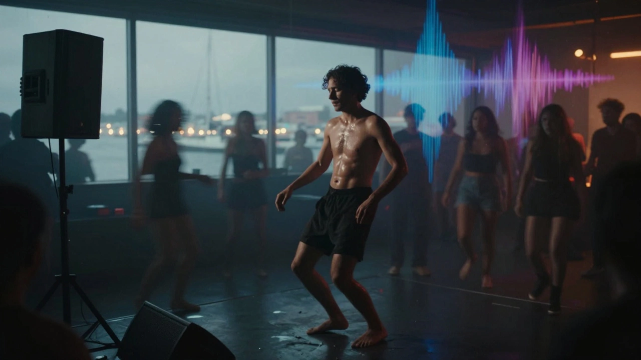 A lone person dancing alone near speakers, surrounded by blurred figures, lost in music under dim ambient light.