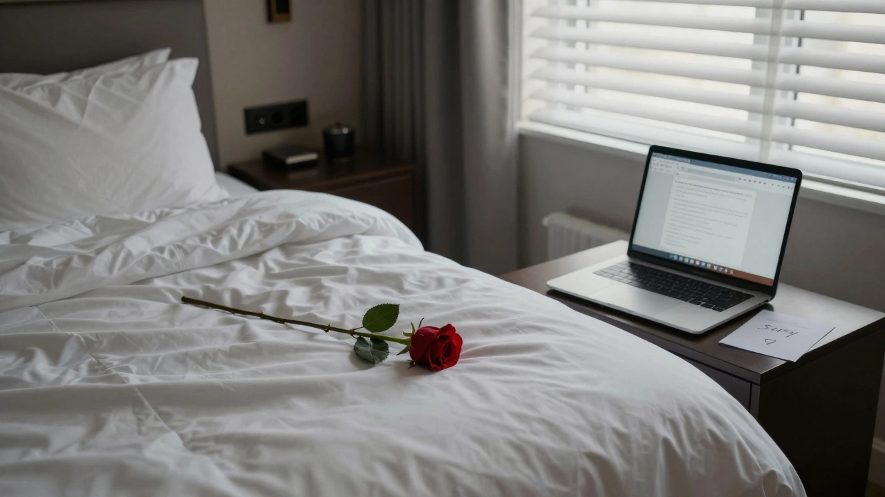 An empty luxury hotel room at dawn with a wilting rose and a closed laptop, quiet and haunting.