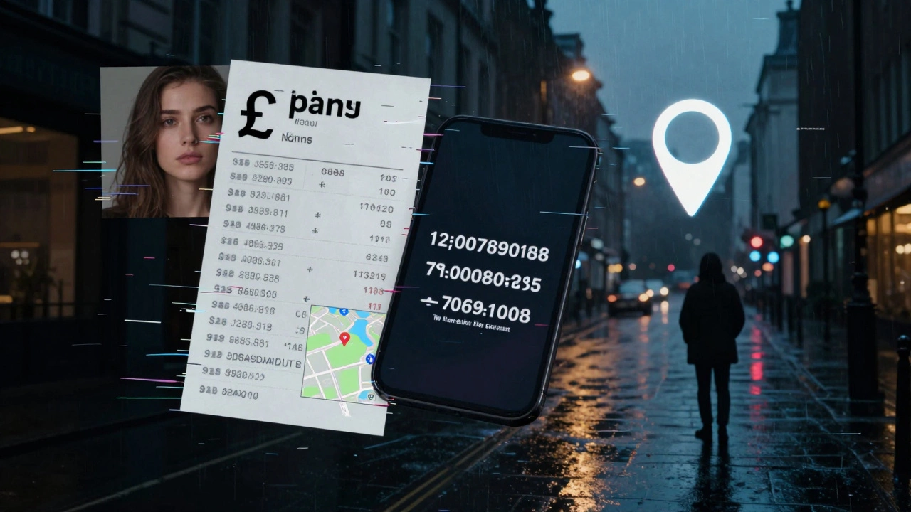 Digital collage of stock photos, prices, and a London map in glitch art style, floating in darkness.