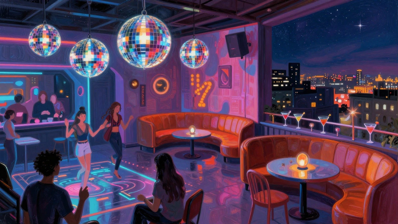Interior panorama of a nightclub with three distinct areas: techno dance floor, retro lounge, and rooftop terrace under stars.